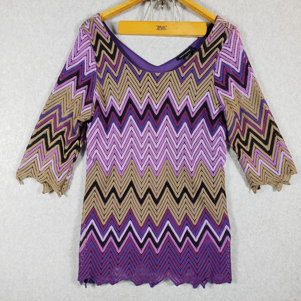Ashley Stewart Women's 18/20‎ Purple Chevron Zig Zag Knit 3/4 Sleeve Blouse Top